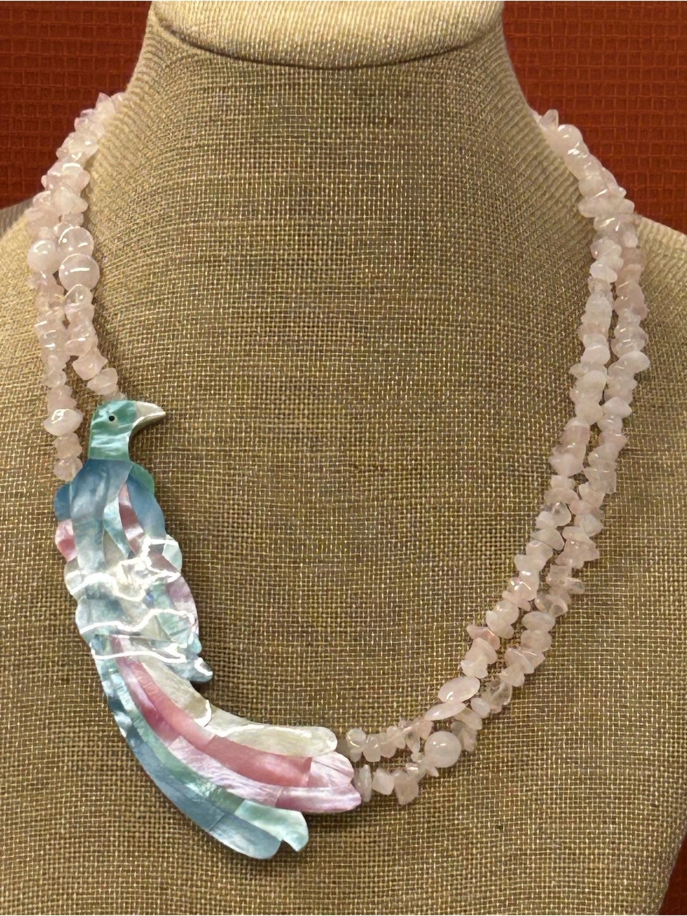Lee Sands Vintage very large bird and rose quartz statement necklace